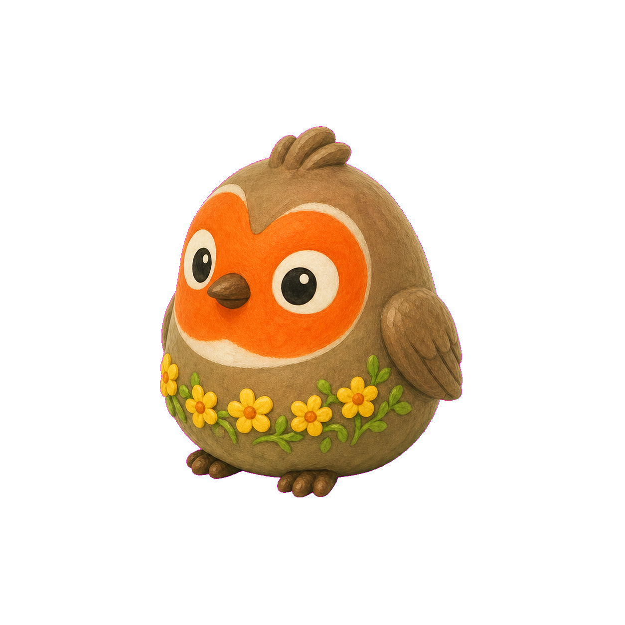 Gemalter runder Vogel mit orangefarbenem Gesicht und Blumenkranz