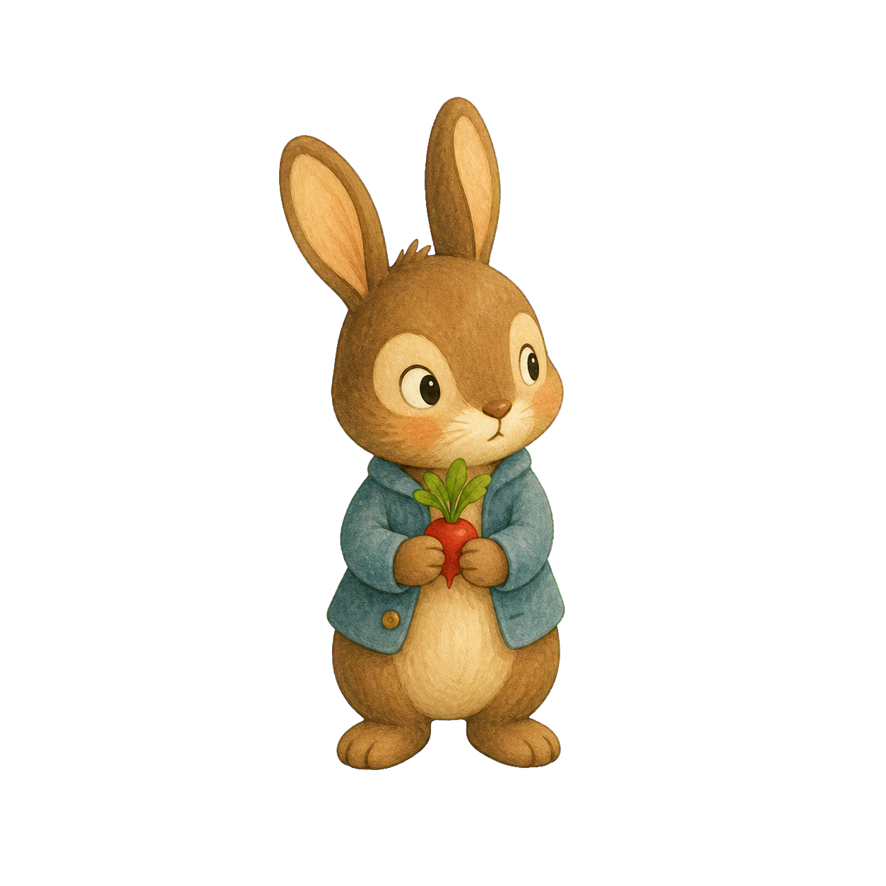 Gemalter brauner Hase in blaugrüner Jacke mit Radieschen